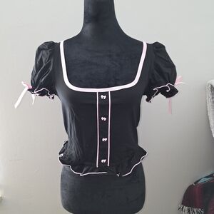 Sugar Thrillz Black Babydoll Blouse with Pink Trim